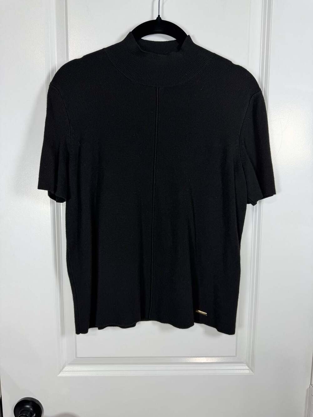 Tahari Women's Black Ribbed Mock Neck Short Sleeve Sweater Top